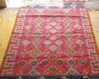 Handwoven Swedish Kilim Rug: Red Southwestern Design, Wool Flatweave living room