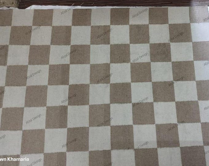 Swedish Marianne Richter Inspired Kilim Rug Handwoven Checkered Wool Area Rug in Beige and Ivory Modern Minimalist Design Carpet Masterpiece