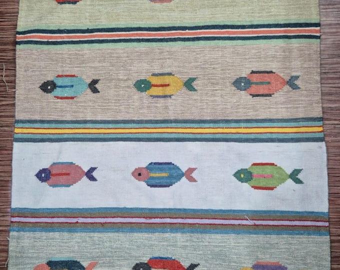 Swedish Kilim Rug: Handmade Wool Flatweave Carpet with Fish Motif