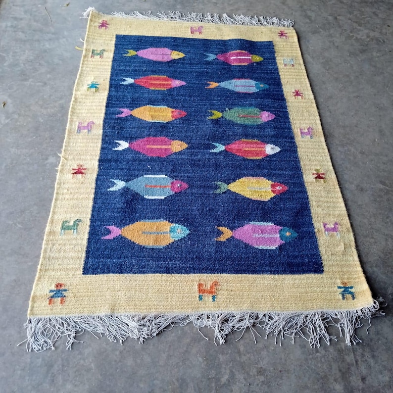 Kilim Fish Rug Swedish Kilim Wool Rug: Handwoven Fish Motif, Navy & Beige Border - Etsy