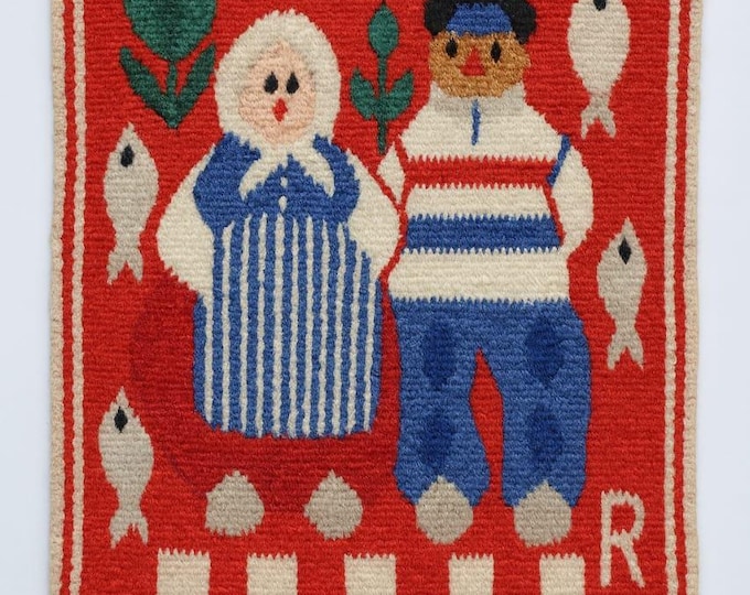 Hand Tufted Wool Rug, Dutch Boy & Girl, Red Accent Rug