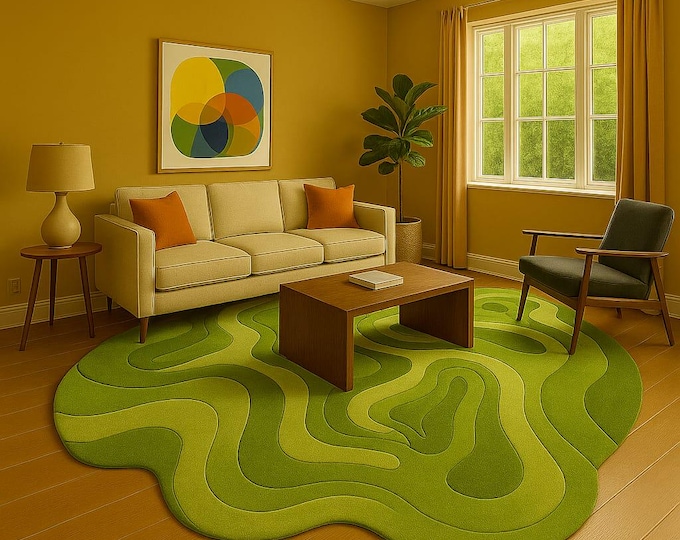 Handmade Rugs Modern Green Topographic Rug – Wavy Abstract Landscape Carpet for Living Room Decor