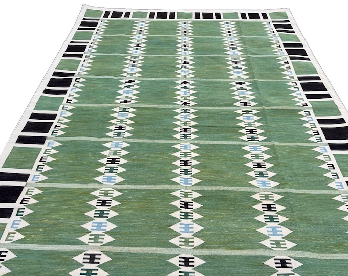 New Swedish Kilim Rug Handmade Vintage Style Flat Weave  Scandinavian Nordic Design Green Blue Wool Kilim Boho Tribal Area Rug Masterpiece