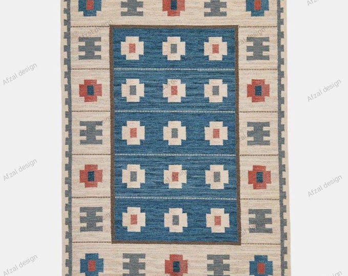 Handwoven Scandinavian Kilim Rug Geometric Wool Flatweave in Blue Beige Swedish Marianne Richter Inspired Kilim Rug Scandinavian Masterpiece