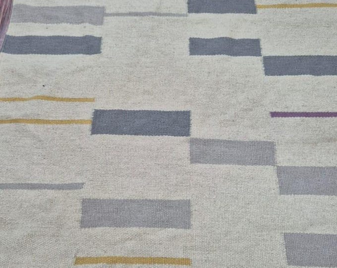 Swedish Kilim Rug: Handmade Modern Kilim Rug | Minimalist Wool Flatweave Carpet | Geometric Striped Area Rug Scandinavian Style Floor Decor