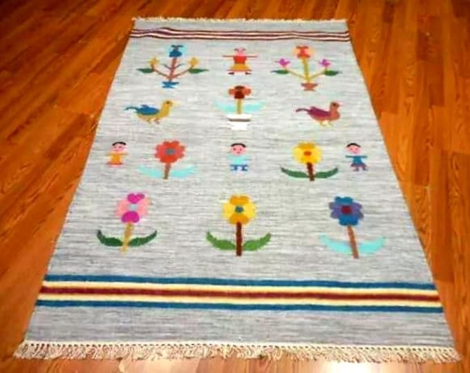 Handwoven Swedish Kilim Rug: Pink Wool Flatweave Carpet, Fish Motif
