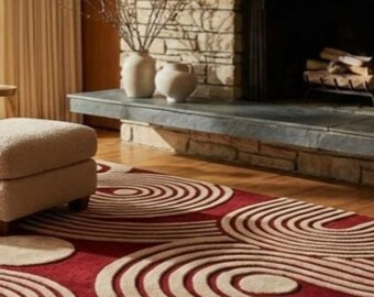Alfombra de lana tejida a mano con estampado de espirales en rojo terroso