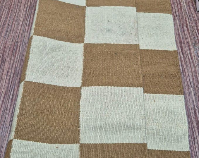 Handwoven Wool Kilim Rug | Brown Cream Checkered Flatweave
