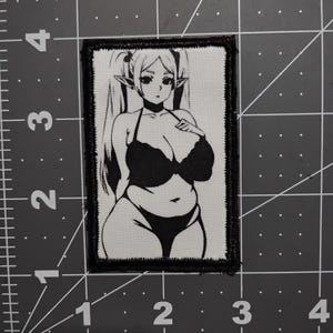 May include: A black and white patch featuring an anime-style illustration of a woman in a bikini. The woman has long hair in pigtails and pointed ears. The patch has a black border and is rectangular in shape.