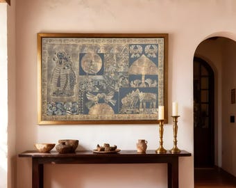 Póster digital impreso sin marco con pintura india vintage en tonos azules y marrones de Geet Madhubani.