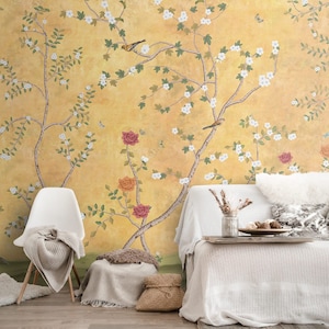Chinoiseriebehang, Zonsondergangserenade in goudgele kleuren, Luxe wandbekleding voor kamers, Europees design, Duurzame materialen