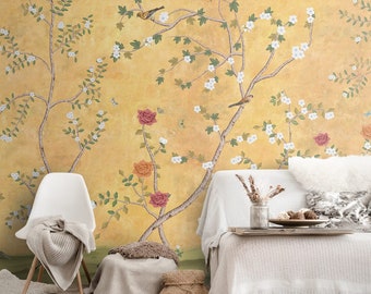 Chinoiserie wallpaper, Sunset serenade in golden yellow colors, Luxury wall covering for rooms, European design, Sustainable materials