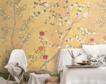 Golden Chinoiserie Wallpaper, Sunset Serenade Mural, Traditional, European Floral Bird Decor, Luxury Gold Art