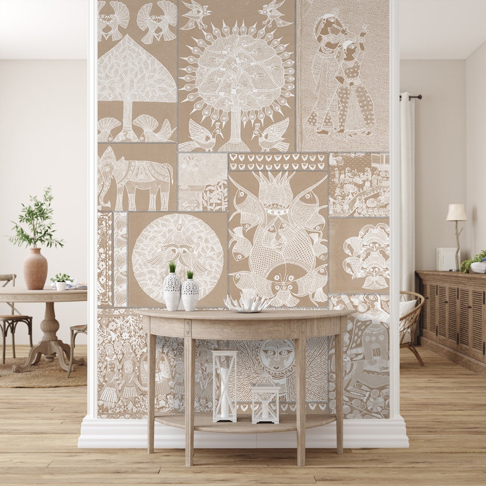 Geet Design Madhubani Indian Wallpaper, Geet Design in Clay Beige , Traditional ...