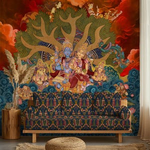 Lotus von Kailasa Kerala Wandbild Kunst- Indische traditionelle Tapete für Wohnzimmer, Pooja Räume, Schlafzimmer Wandpapier