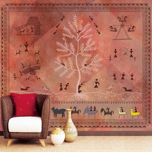 Carta da parati Chitra Modern Indian Warli Art Design, motivo etnico tribale, decorazione murale personalizzabile, murale per soggiorno, camera da letto