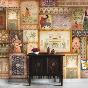 Mural de papel pintado con collage de arte indio: decoración de pared personalizable sobre lienzo.