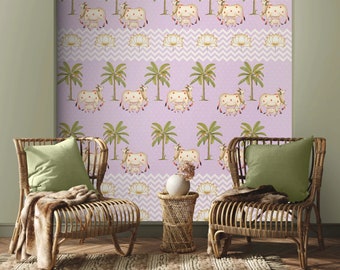 Pichwai Wallpaper - Beautiful Cows in Mauve Chevron Pattern, Traditional Indian Art for Home Decor, Custom Wall Covering