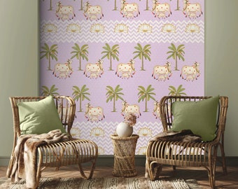 Pichwai Wallpaper - Beautiful Cows Pattern in Mauve Chevron Pattern, Traditional Indian Art for Home Decor, Custom Wall Covering