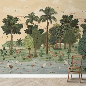 Ran Shringar Wallpaper, Ranthambore Indian Forest Design in Creamish Beige, Nature-Inspired Home Decor, Wall Mural Art