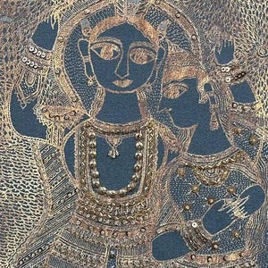 May include: An artistic depiction of two figures in ornate attire. The figures are rendered in a dark teal hue, with intricate gold detailing and embellishments. The artwork features elaborate patterns and textures, creating a rich and detailed visual experience.
