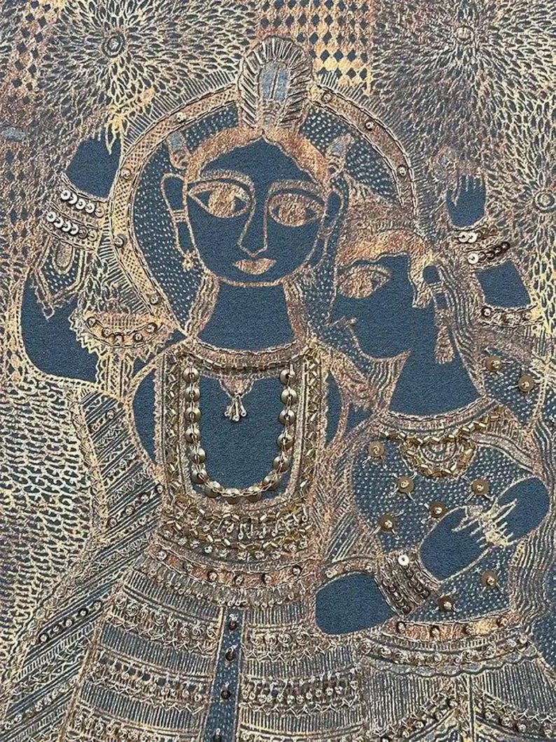 May include: An artistic depiction of two figures in ornate attire. The figures are rendered in a dark teal hue, with intricate gold detailing and embellishments. The artwork features elaborate patterns and textures, creating a rich and detailed visual experience.