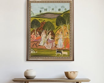 May include: A framed painting depicting a group of women in colorful clothing walking through a lush green forest. The women are carrying flowers and appear to be enjoying a leisurely stroll. A small dog and a lamb are also present in the scene.