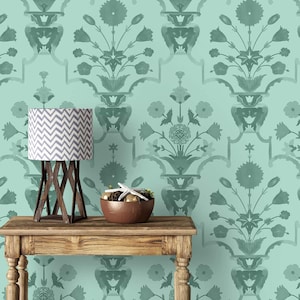 Premium Green Mughal Pattern Design Wallpaper, Customised for Walls