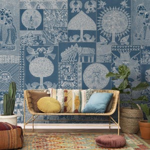 Geet Madhubani Indische Tapete, Dusky Blau Farbe, Traditionelle Wanddekoration, Ethnische Wohnkultur