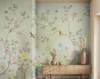 Blossom Green Wallpaper Custom Size Traditional Chinoiserie Mural