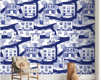 European wallpaper- A French town on wall, Indigo blue, Abstract and modern design for homes and office, Durable and easy to maintain