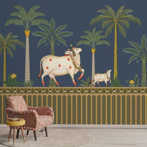 Pichwai Cow Wallpaper – Custom Surabhi Cows Wall Mural in Blue – Traditional Indian Art Decor - Pooja Room Wallpaper
