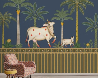 Pichwai Kuh Tapete: Kundenspezifisches blaues Surabhi indisches Kunstwandbild für Tempel-Raum