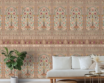May include: A brown and beige wallpaper with a repeating pattern of floral arches. The wallpaper features a traditional Indian design with intricate details and a vintage aesthetic.