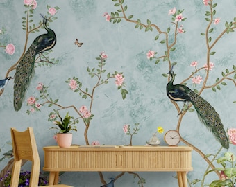 Bagiya Chinoiserie Peacock Wallpaper, Blue Indian Floral Wallcovering, Vintage Botanical Print, Luxury Bird Wall Decor