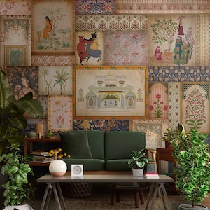 Kahani Indian Art Collage Wallpaper für Wände - Eine Mischung aus verschiedenen indischen Kunststilen in einer Collagenform, anpassbares Wandbild für Räume