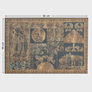 May include: A rectangular wall art piece, 26 inches wide and 17 inches tall, featuring a collage of gold-colored relief images on a dark background. The artwork includes figures, animals, and geometric shapes within a decorative border.