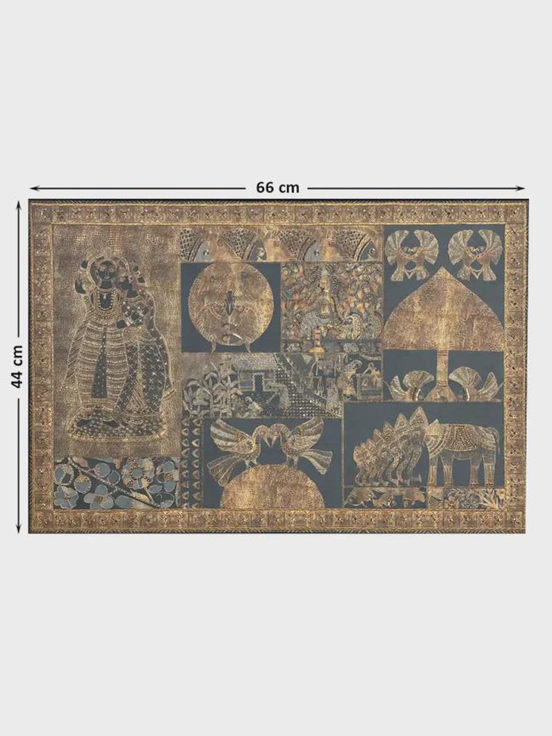 May include: A rectangular wall art piece, 26 inches wide and 17 inches tall, featuring a collage of gold-colored relief images on a dark background. The artwork includes figures, animals, and geometric shapes within a decorative border.