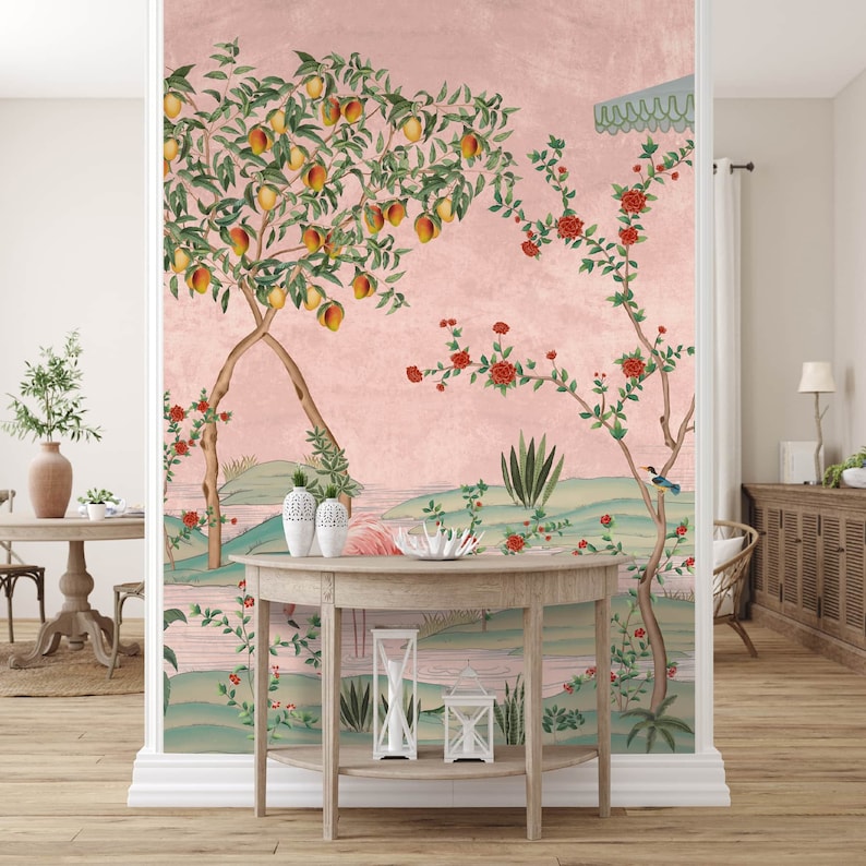 Gulbiya Pink Chinoiserie Wallpaper for Homes Customised - Etsy