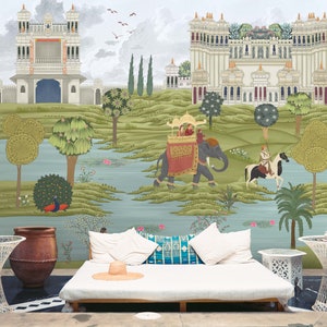 Bharat Indian Mughal Wallpaper - King & Queen in Royal Garden Wall Mural, Lush Green Background, Best Seller Room Decor