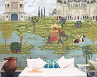 Indian Mughal Wallpaper: King & Queen Royal Garden Canvas Wall Mural