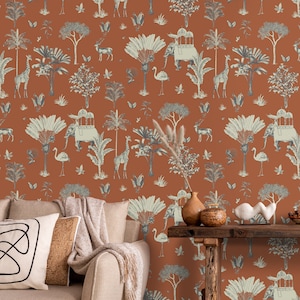Itihaas Indian wallpaper for homes, Rusty red color background with royal elephants and garden, custom made printed wall mural