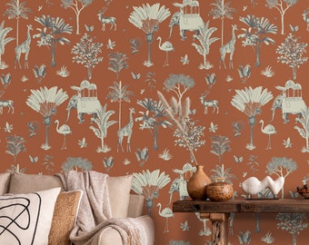 Itihaas Indian wallpaper for homes, Rusty red color background with royal elephants and garden, custom made printed wall mural