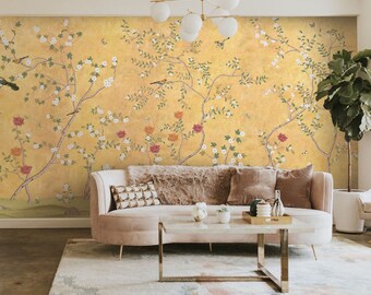 Chinoiserie Wallpaper Sunset Serenade in Golden Yellow Colors, Luxury Wallcovering for Rooms