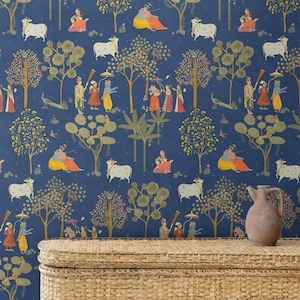 Indian Radha Krishna Blue Wallpaper – Serene Custom-Made Designs for Rooms, Perfect Addition to Your Home Decor