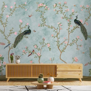 Carta da parati Peacock Chinoiserie per le case, rivestimento murale indiano Blue Bagiya, splendida arte indiana per pareti, design più venduto