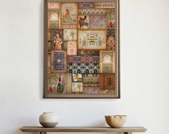 May include: A framed print with a patchwork design featuring various patterns and colors. The print includes images of people, animals, and architectural elements. The frame is brown wood.