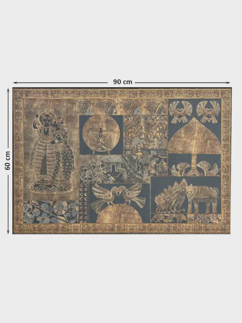 May include: A rectangular wall art piece, 35 inches wide and 24 inches tall, featuring a collage of gold and black embossed images. The artwork includes figures, animals, and geometric shapes, framed with a gold border. The overall theme is cultural and decorative.