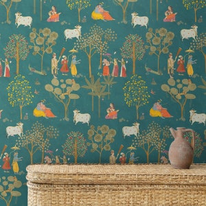 Indian Wallpaper Showing Radha Krishna in Serene Setting, Perfect Addition for Your Rooms, Custom Made Designs