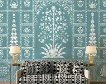 Papel tapiz floral mogol verde azulado: mural de pared con acento de arte indio